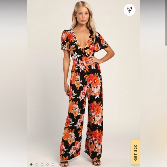 Lulus Pants - Lulu’s Getaway Vibes Black Floral Print Short Sleeve Wide-Leg Jumpsuit